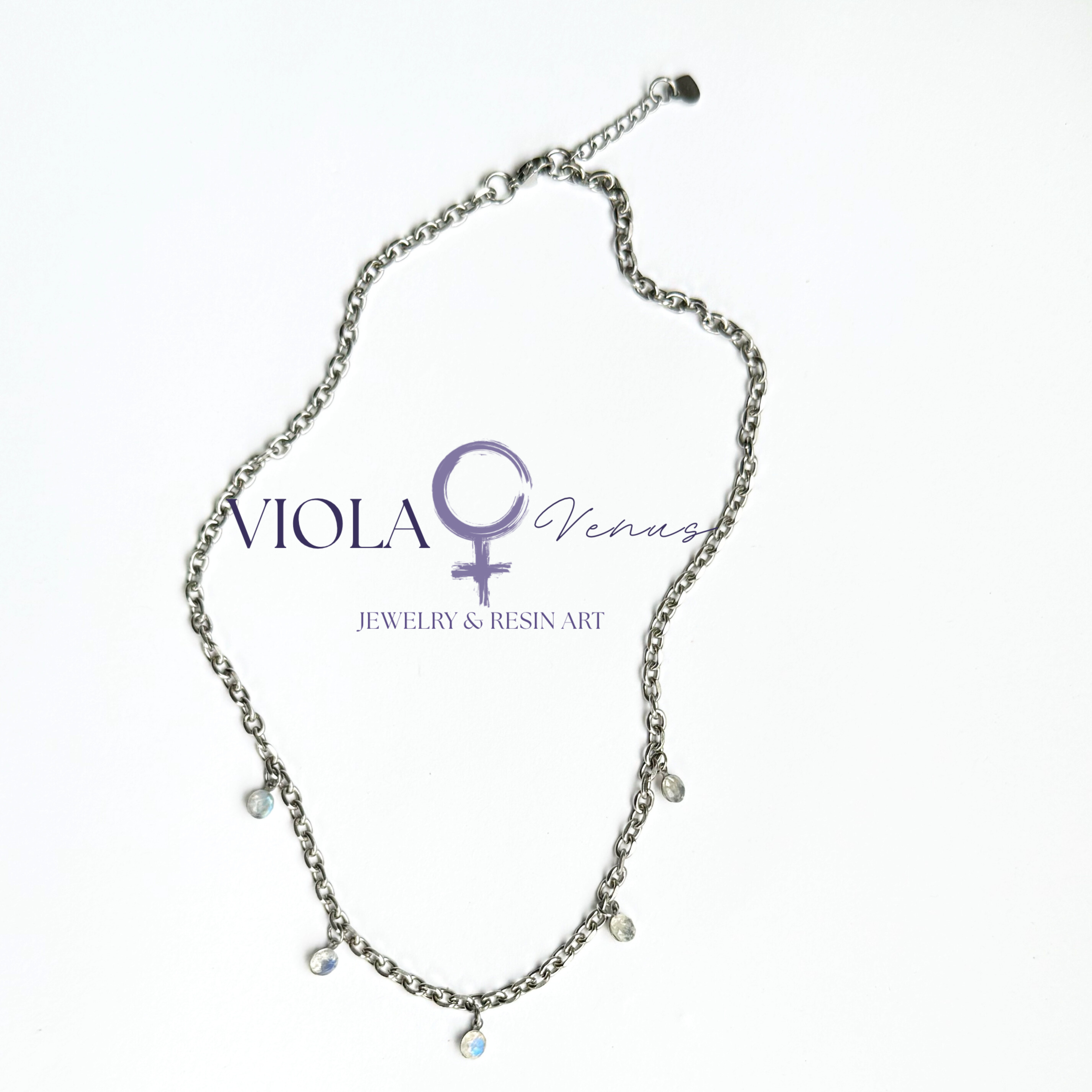 Lunar Whisper – Rainbow Moonstone Charm Necklace