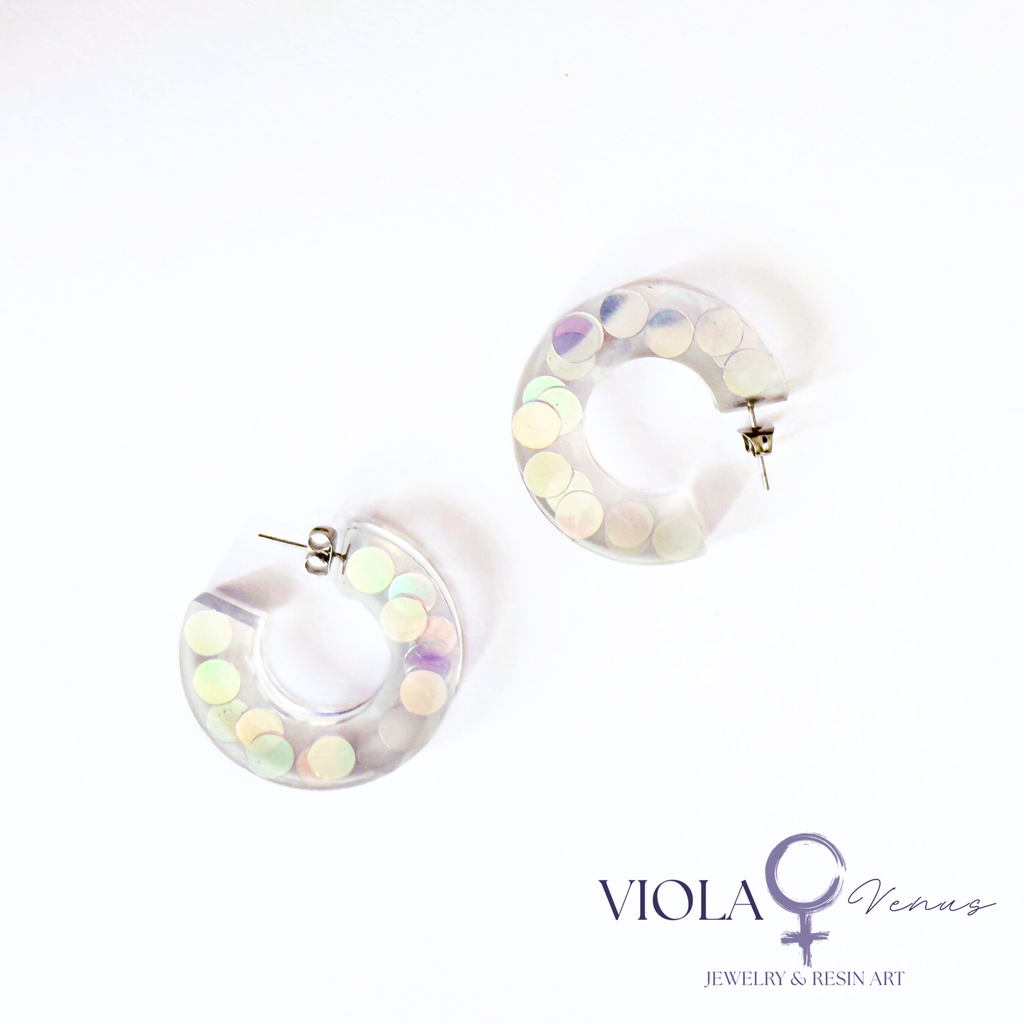Cosmic Confetti – Iridescent Resin Hoop Earrings