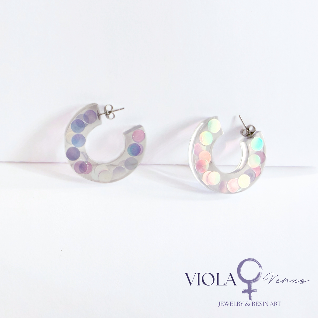 Cosmic Confetti – Iridescent Resin Hoop Earrings