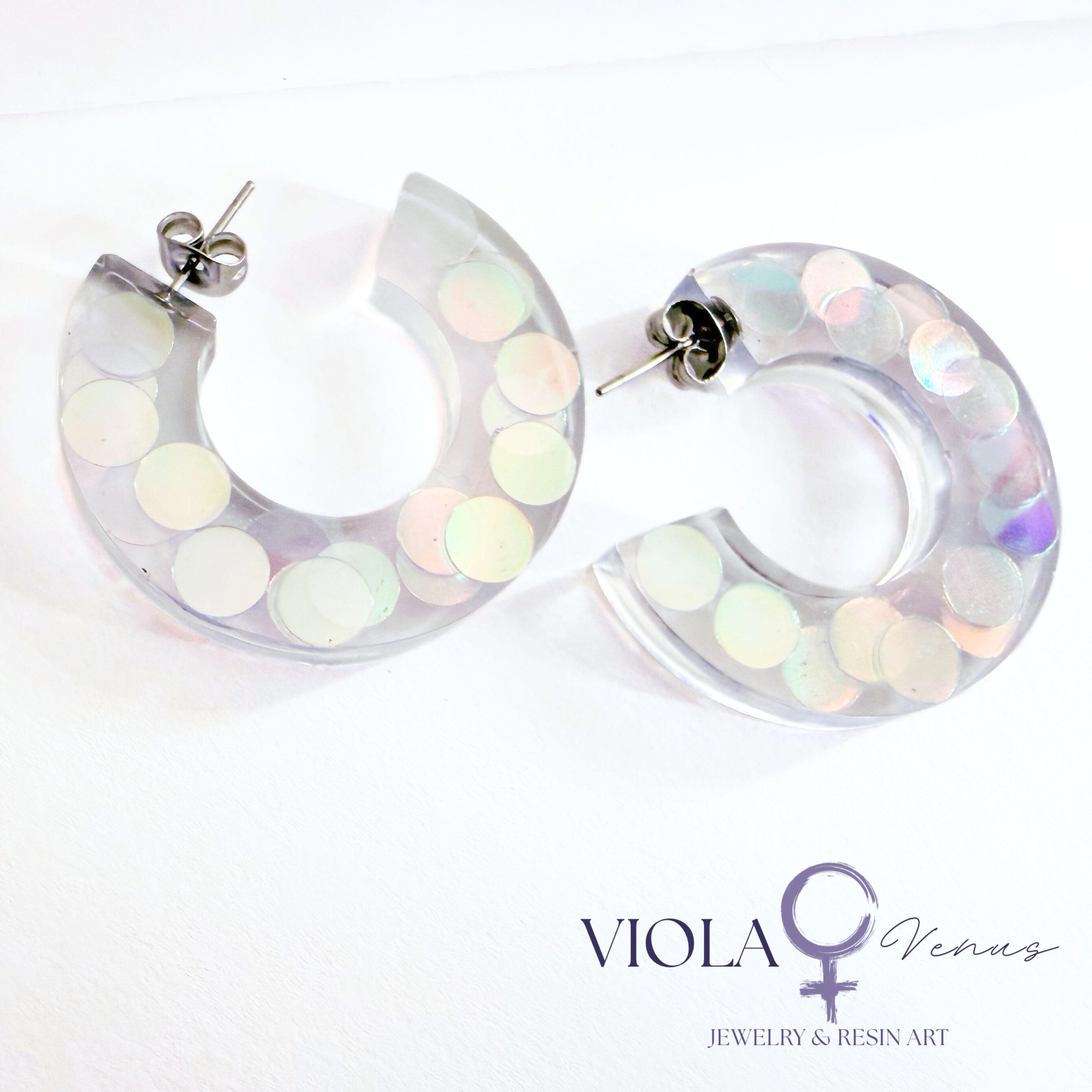 Cosmic Confetti – Iridescent Resin Hoop Earrings