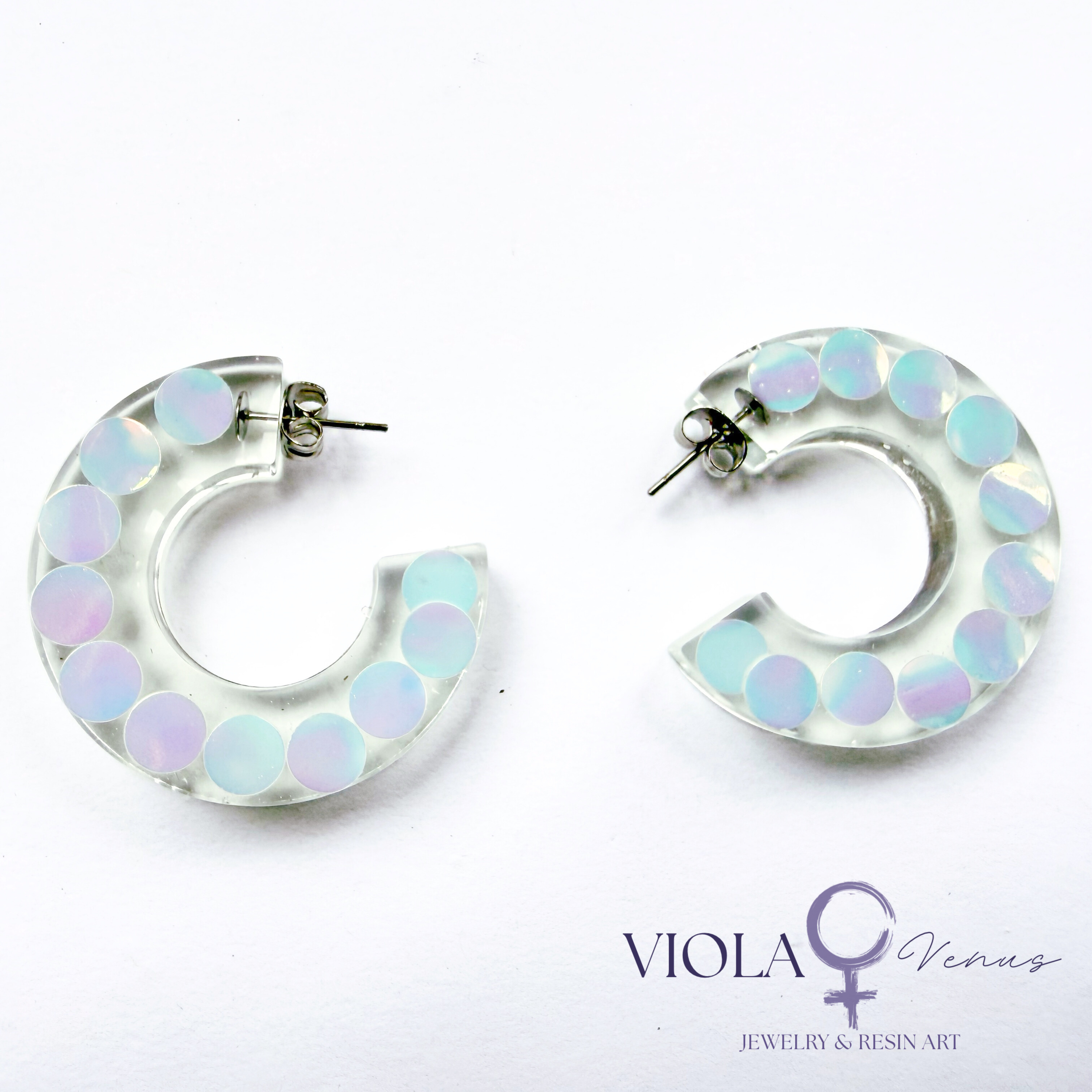 Cosmic Confetti – Iridescent Resin Hoop Earrings
