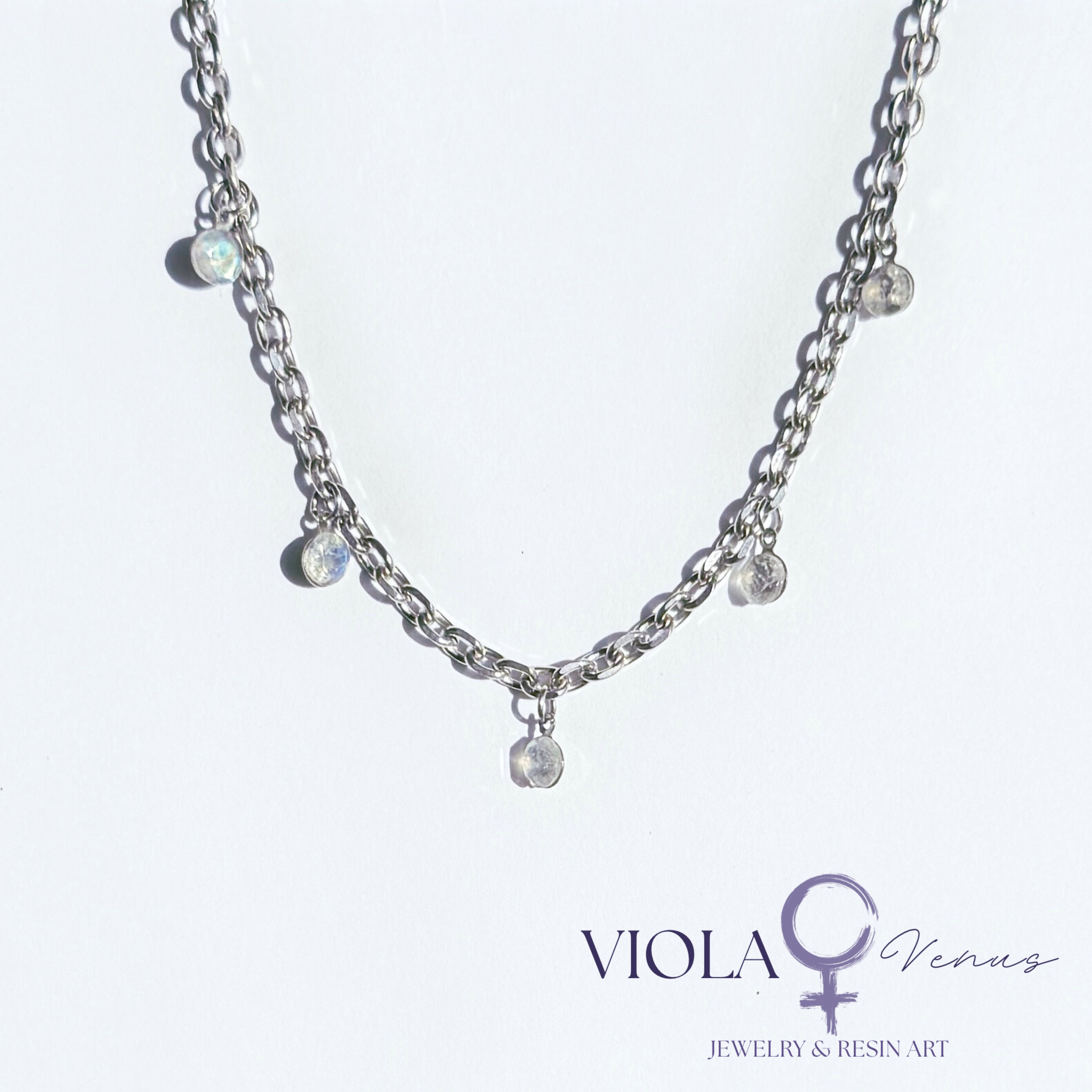 Lunar Whisper – Rainbow Moonstone Charm Necklace