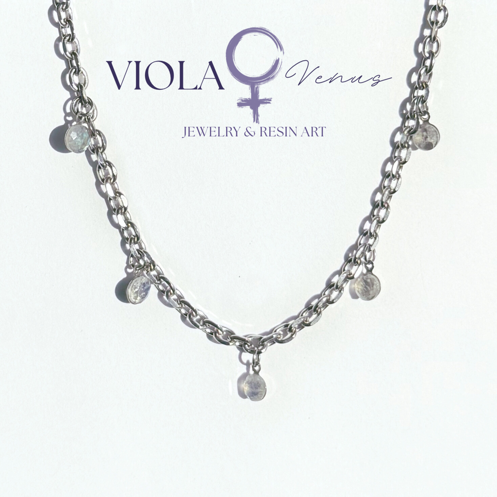 Lunar Whisper – Rainbow Moonstone Charm Necklace